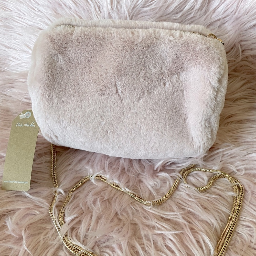 Super soft faux rabbit fur dusty rose pink roll bag by Pink Haley